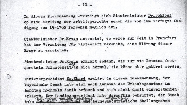 Von Hans Ehard korrigerter Entwurf des Ministerratsprotokolls vom 2. August 1948 (Kabinett Ehard II Protokoll Nr. 39) | Bayerisches Hauptstaatsarchiv, StK-MinRProt 11